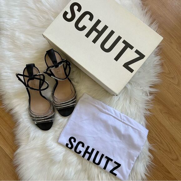 Schutz Sandal Heels Rowenah Black Crystal Embellishment Size 7.5 Rhinestone - Picture 2 of 13